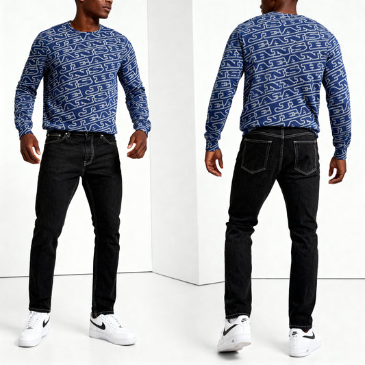 NEW - Hype Jeans MonoGram Men's Classic French Terry Crewneck Pullover - Navy Blue