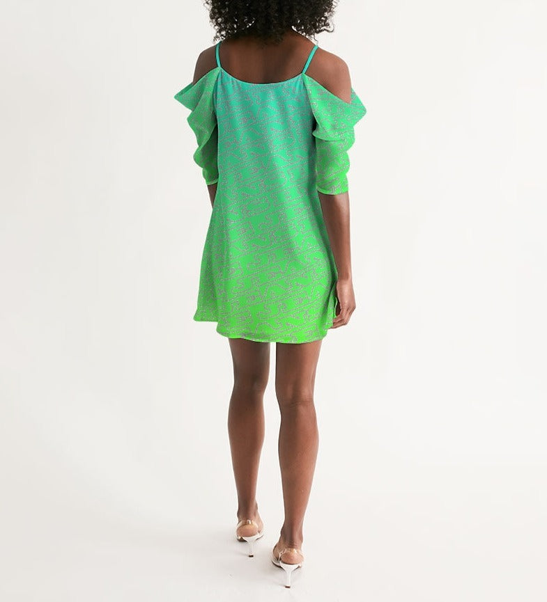 Hype Jeans Company Blue/Green Women's Open Shoulder A-Line Dress