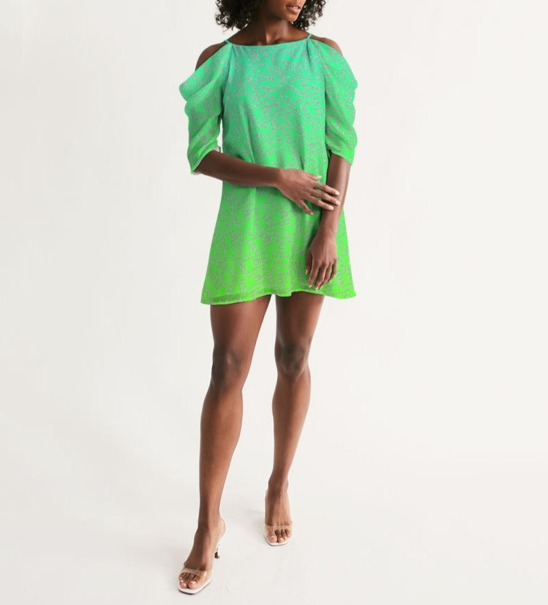 Hype Jeans Company Blue/Green Women's Open Shoulder A-Line Dress
