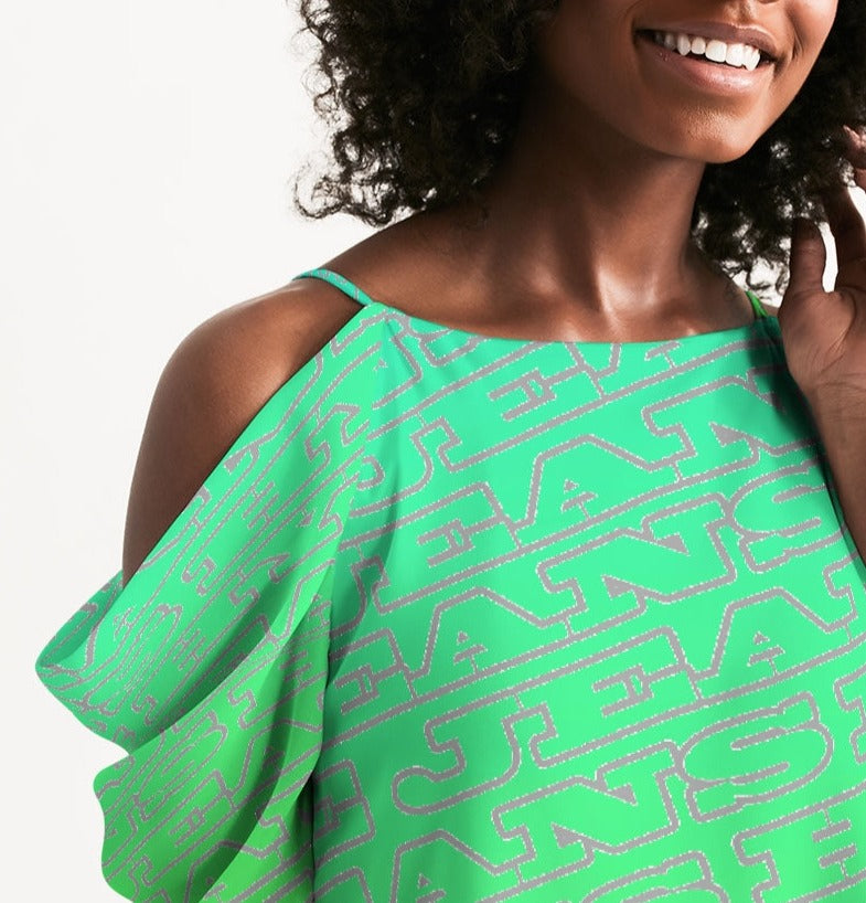 Hype Jeans Company Blue/Green Women's Open Shoulder A-Line Dress