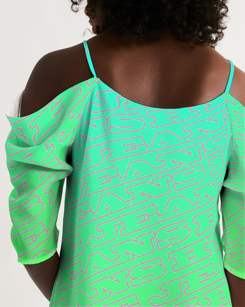 Hype Jeans Company Blue/Green Women's Open Shoulder A-Line Dress