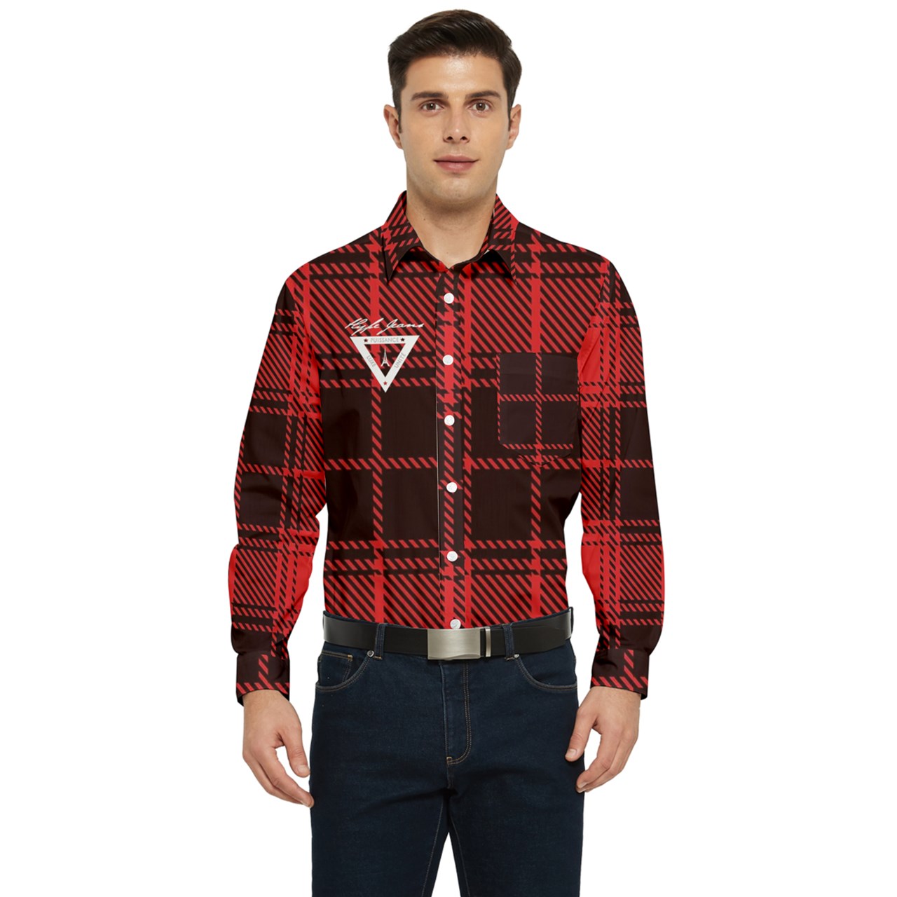 Red plaid Men's Long Sleeve Pocket Shirt
