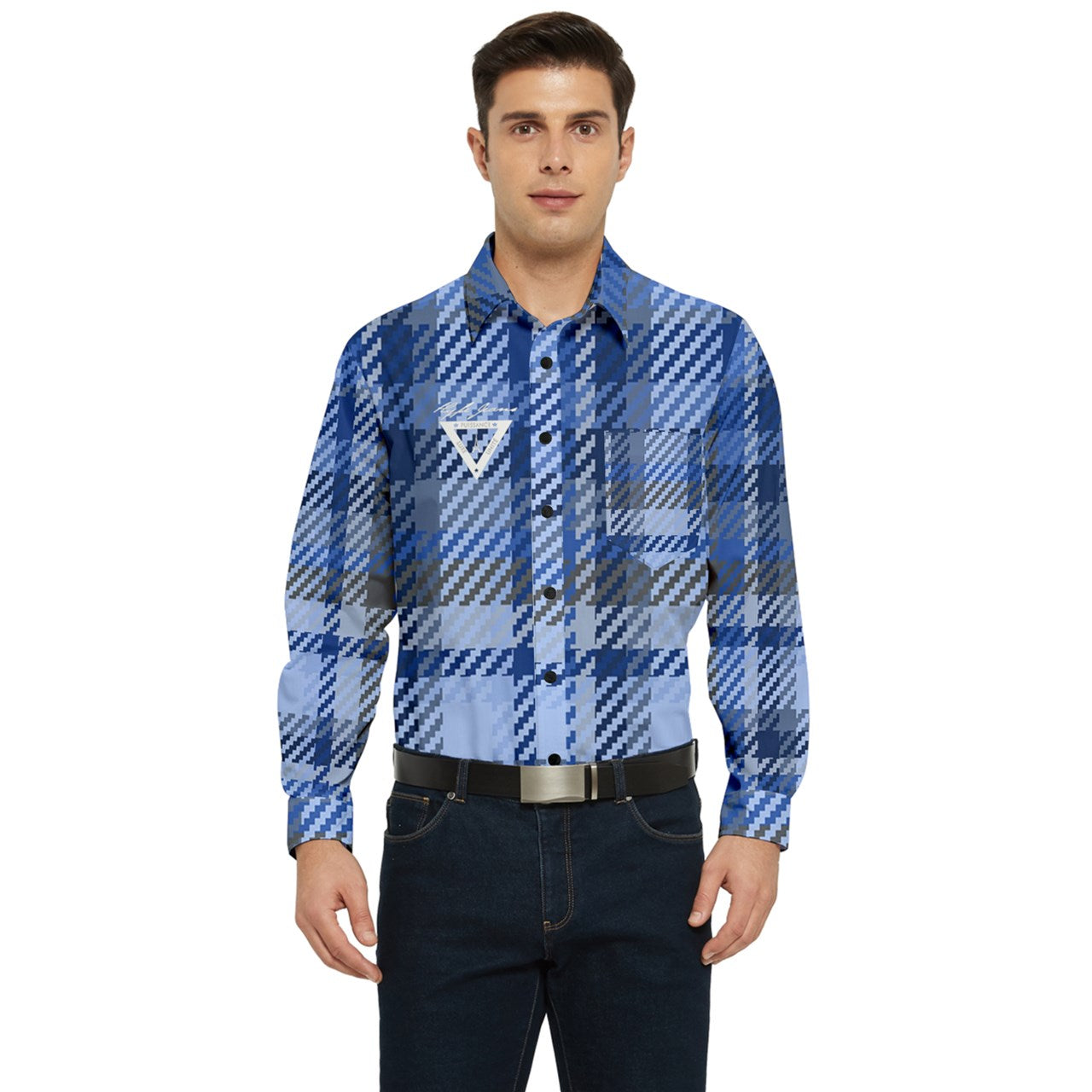 Blue plaid Men's Long Sleeve Pocket Shirt