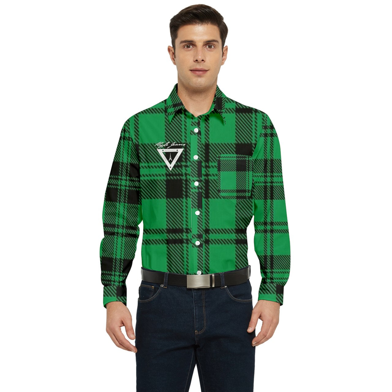 Green plaid Men's Long Sleeve Pocket Shirt