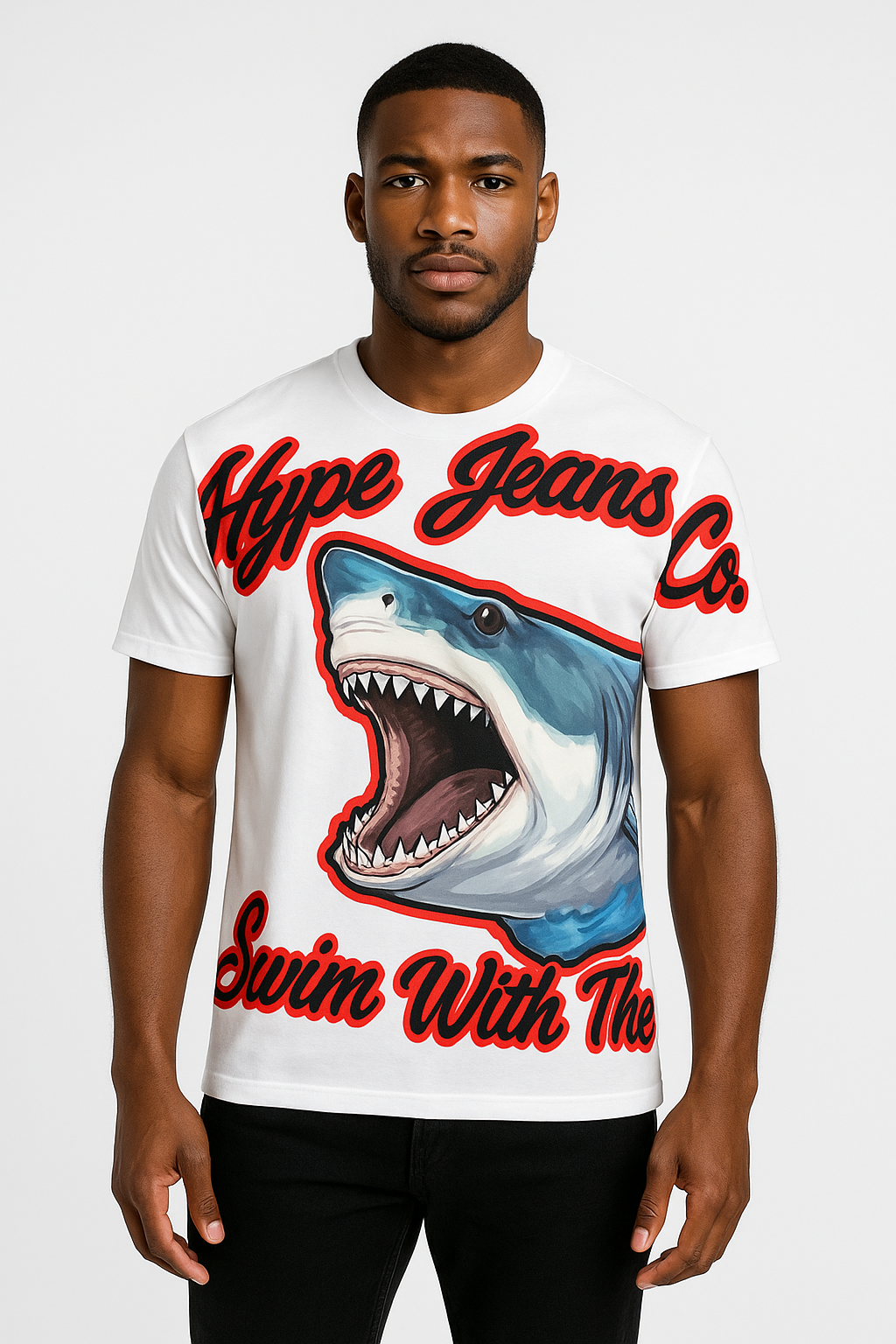 NEW - Hype Jeans Company -Come swim with the sharks Men's All-Over Print Tee