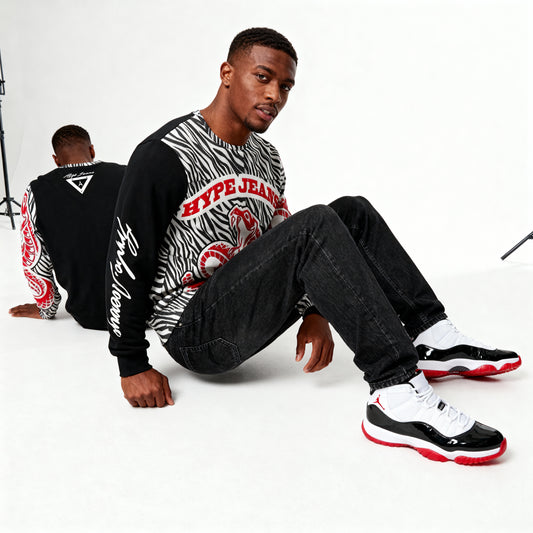 Hype Jeans Company Men's Classic French Terry Crewneck Pullover Black and White