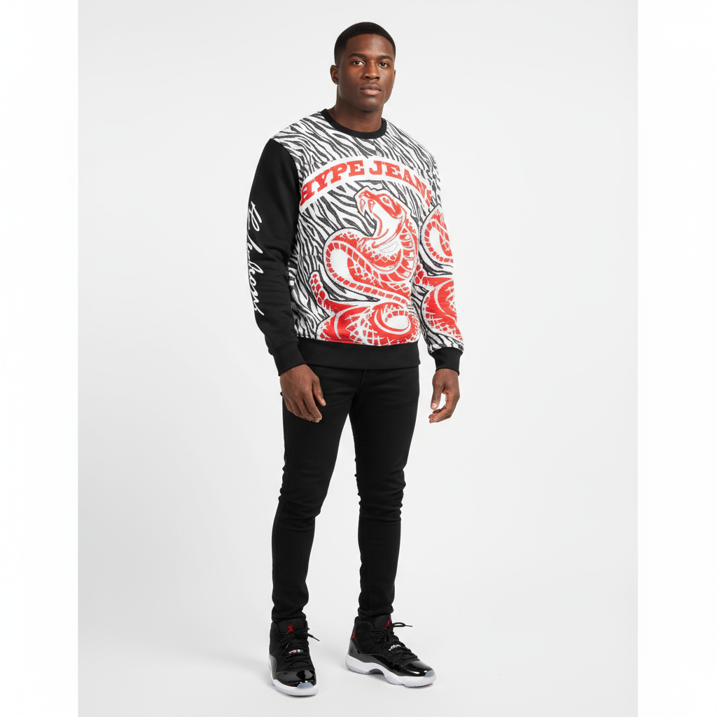 Hype Jeans Company Men's Classic French Terry Crewneck Pullover Black and White