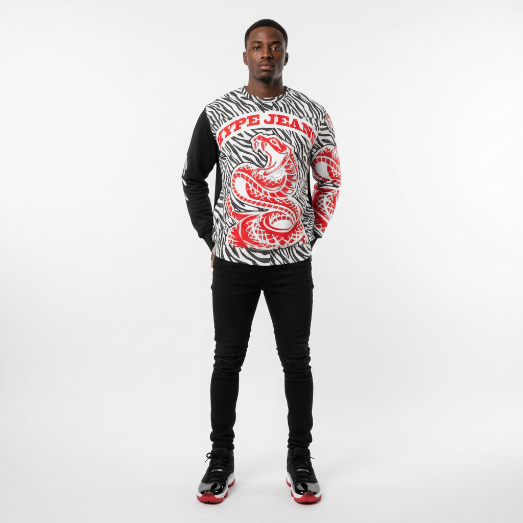 Hype Jeans Company Men's Classic French Terry Crewneck Pullover Black and White