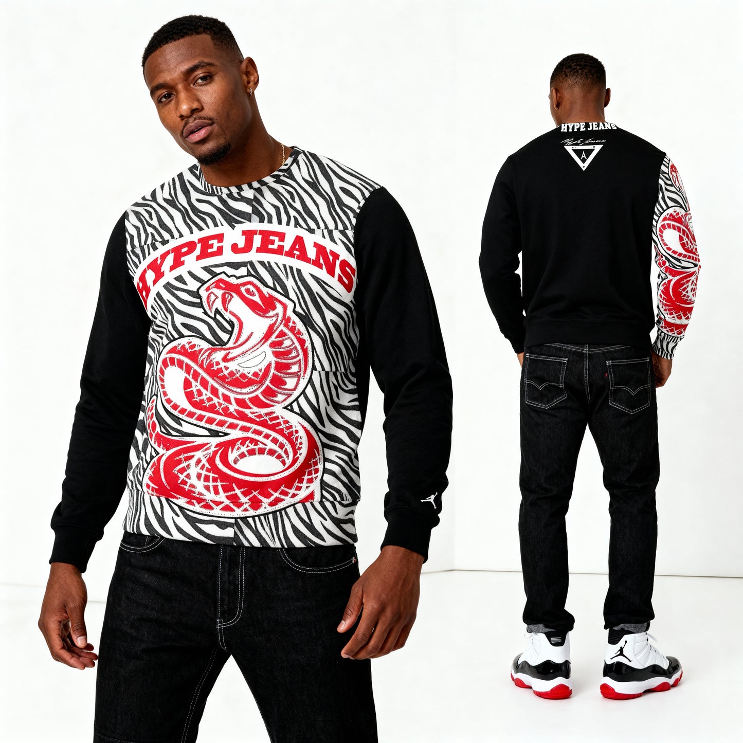 Hype Jeans Company Men's Classic French Terry Crewneck Pullover Black and White