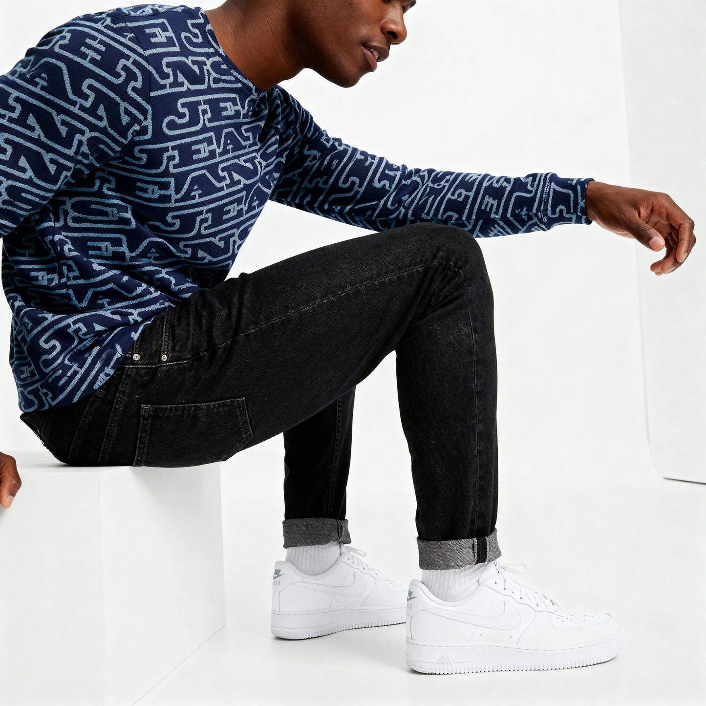 NEW - Hype Jeans MonoGram Men's Classic French Terry Crewneck Pullover - Navy Blue