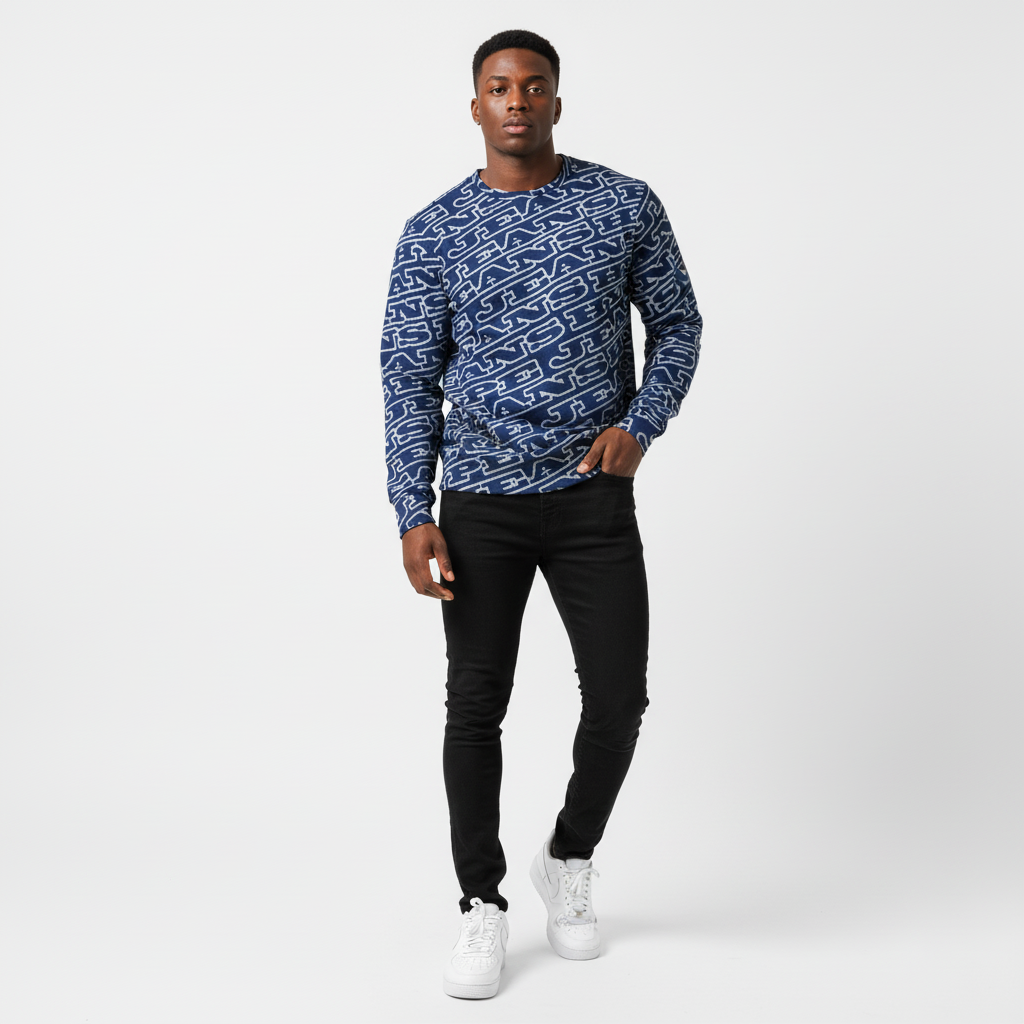 NEW - Hype Jeans MonoGram Men's Classic French Terry Crewneck Pullover - Navy Blue