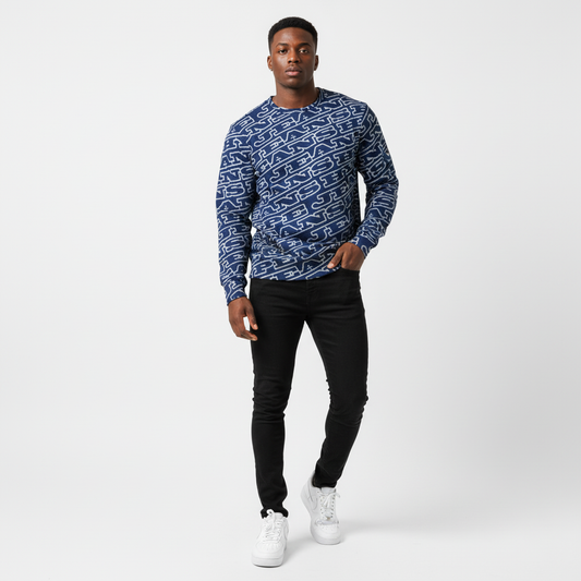 NEW - Hype Jeans MonoGram Men's Classic French Terry Crewneck Pullover - Navy Blue