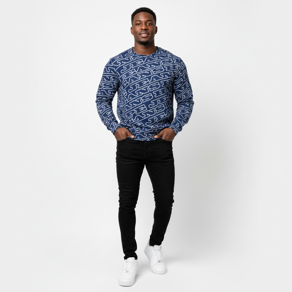NEW - Hype Jeans MonoGram Men's Classic French Terry Crewneck Pullover - Navy Blue