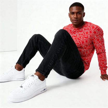 Hype Jeans Monogram Red Men's Classic French Terry Crewneck Pullover - Hype Jeans Company - Hype Jeans 
