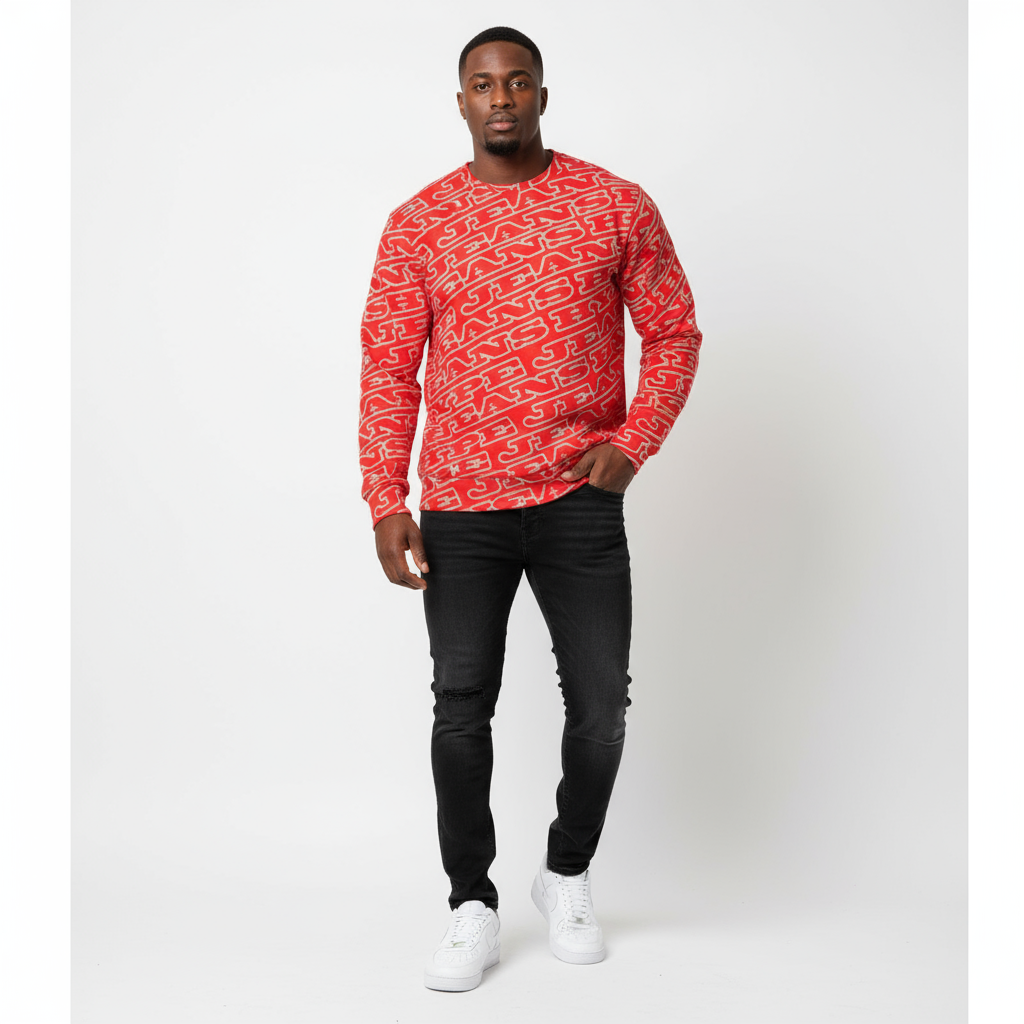 Hype Jeans Monogram Red Men's Classic French Terry Crewneck Pullover
