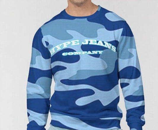 Hype Jeans Company Blue Camo Men's Classic French Terry Crewneck Pullover