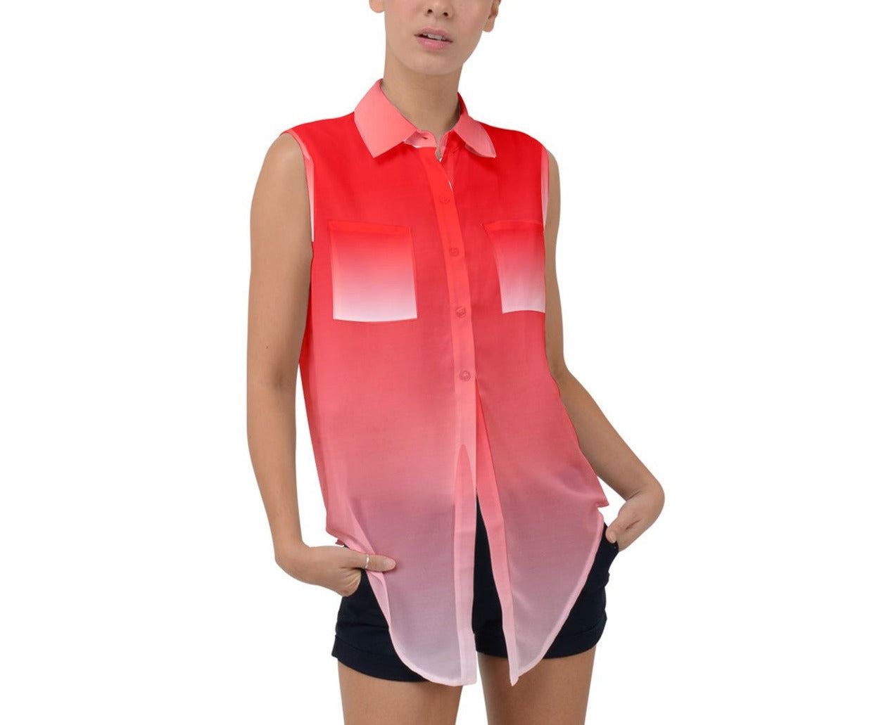Hype Jeans Company luscious  Red Gradient Sleeveless Chiffon Button Shirt